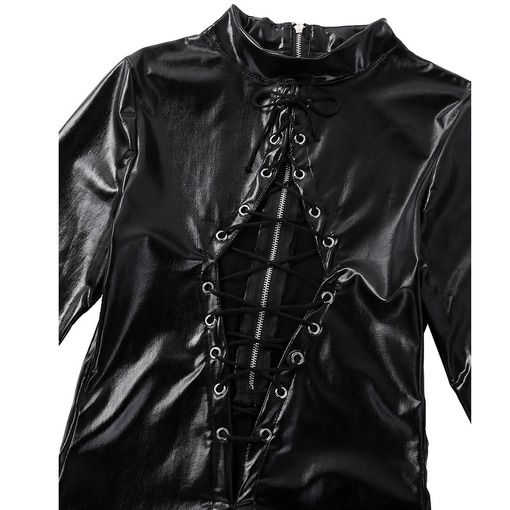 Black faux leather bodysuit with lace-up detail and zippers, perfect for a rock-inspired outfit.