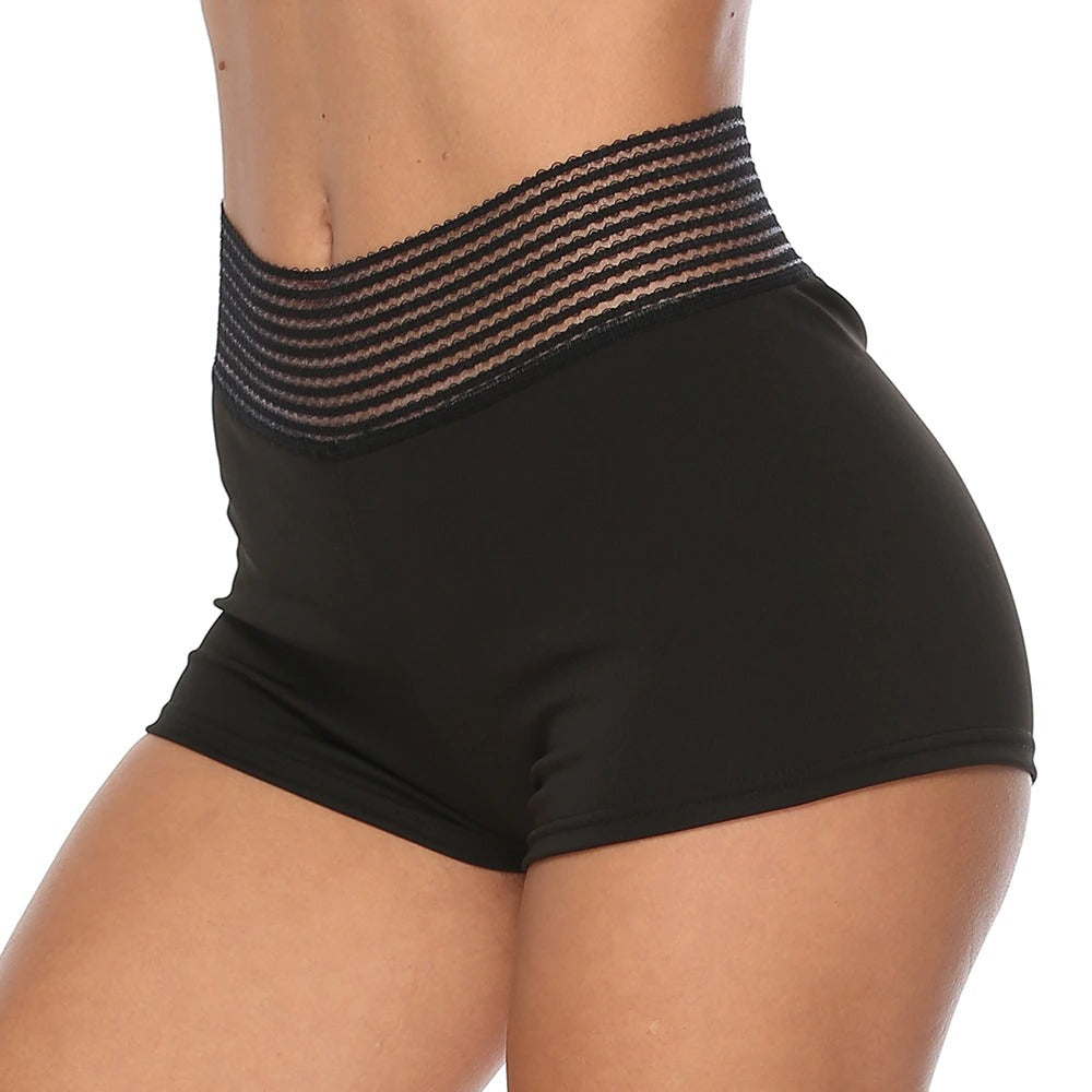 High waist women's black mini shorts for workout with elastic material for comfort and style.
