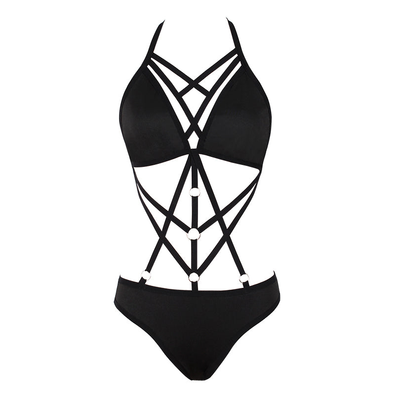 Stylish black one-piece monokini swimsuit with crisscross straps and cut-out design, perfect for beach or pole dance.