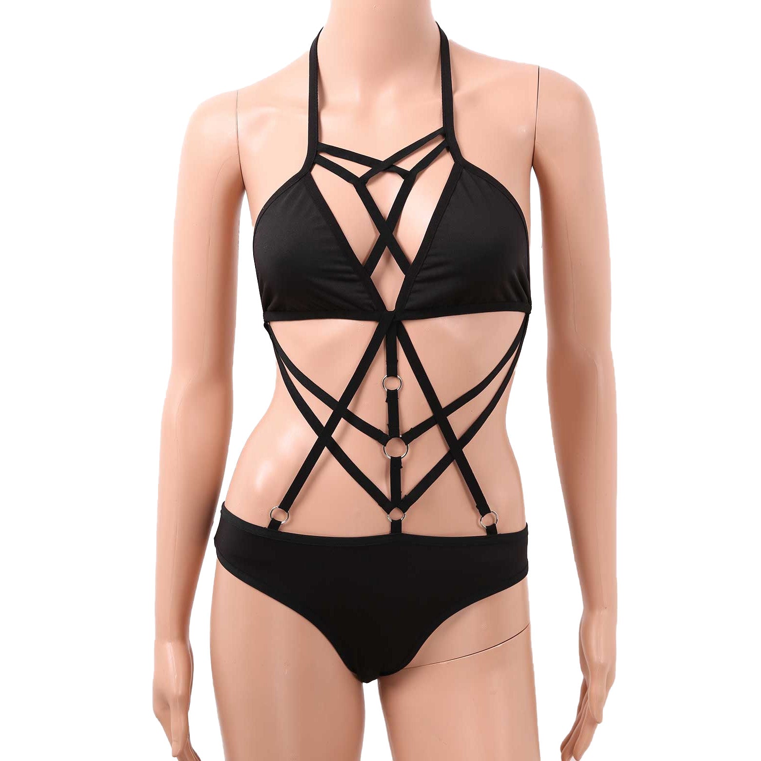 Black strappy women's monokini swimsuit featuring crisscross design and stunning cutouts.