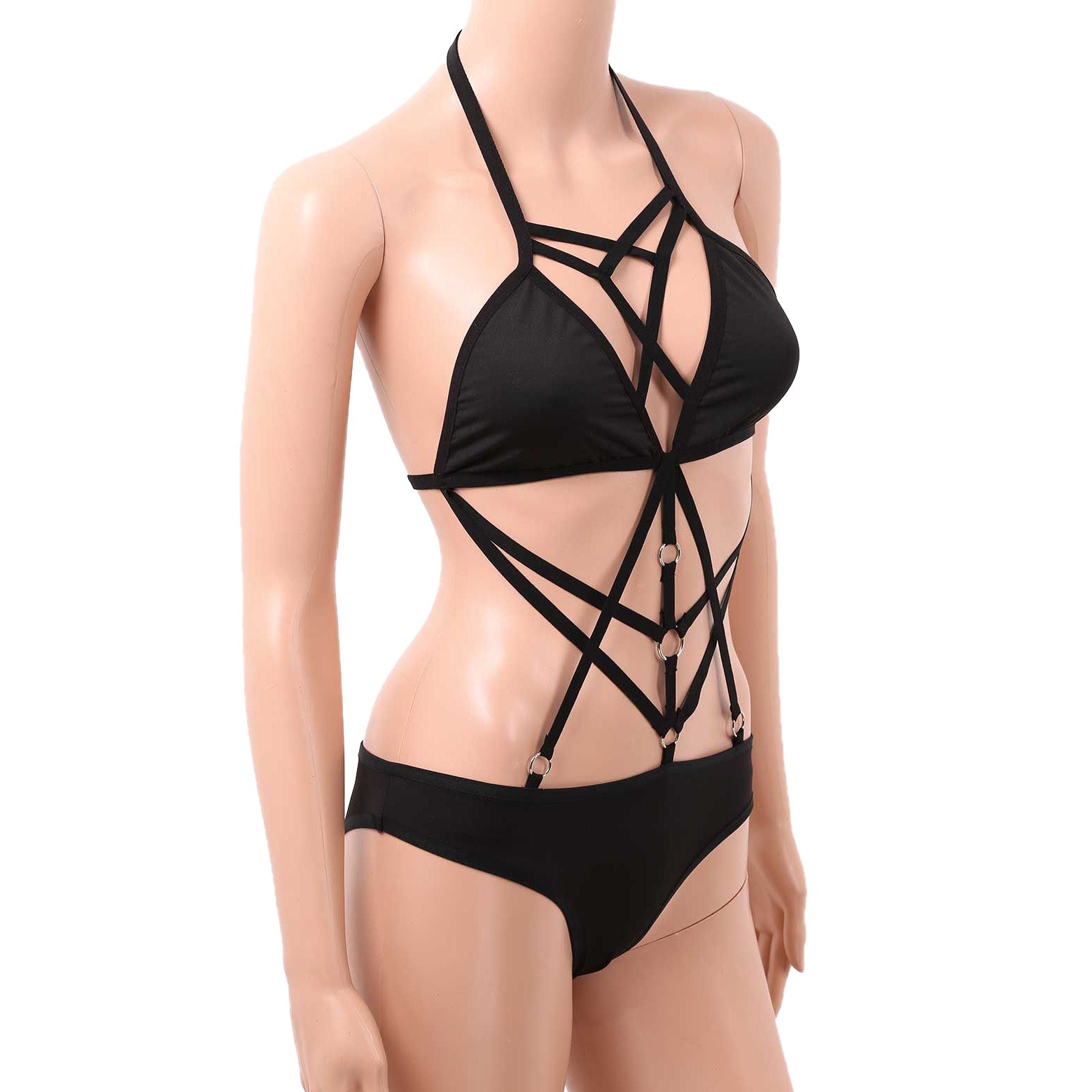 Sleek black one-piece monokini swimsuit with stylish strap design, perfect for beach or pole dance.
