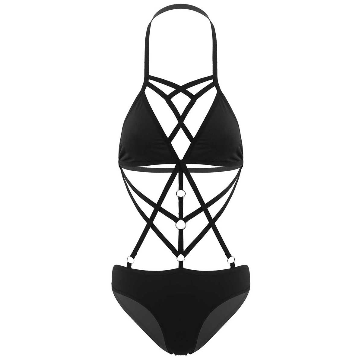 Stylish black monokini swimsuit with crisscross straps, perfect for beach days and pole dance costumes.