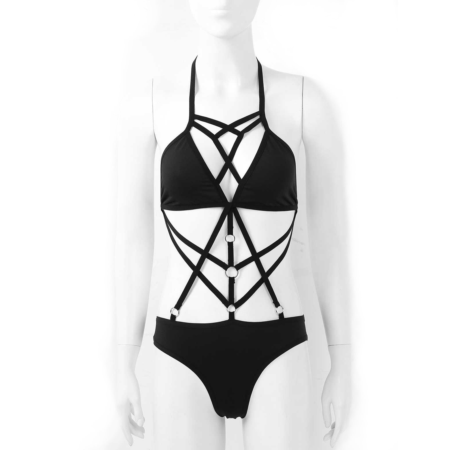 Stylish black monokini swimsuit with strappy design, perfect for beach or pole dancing.