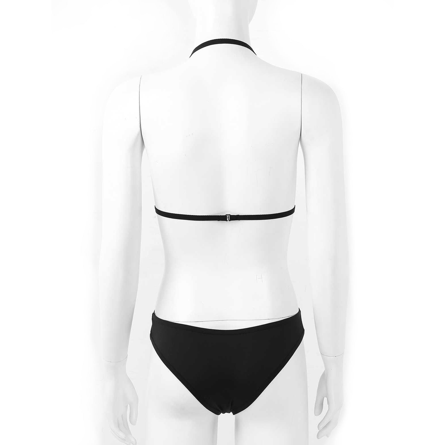 Back view of a stylish black women's monokini swimsuit with sleek straps, perfect for beachwear and dance.