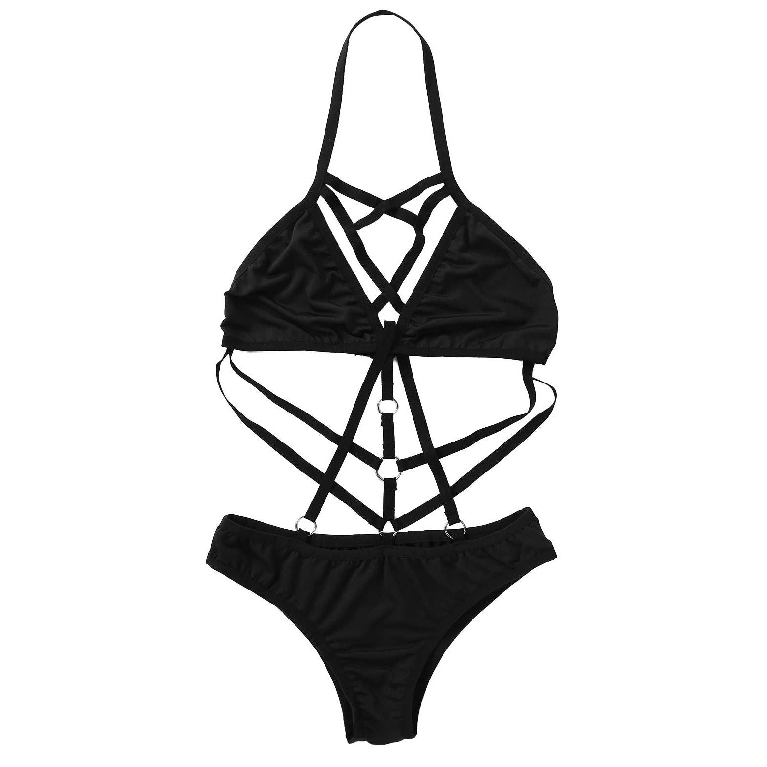 Elegant black one-piece monokini swimsuit with stylish strap design, perfect for beach or pole dance.