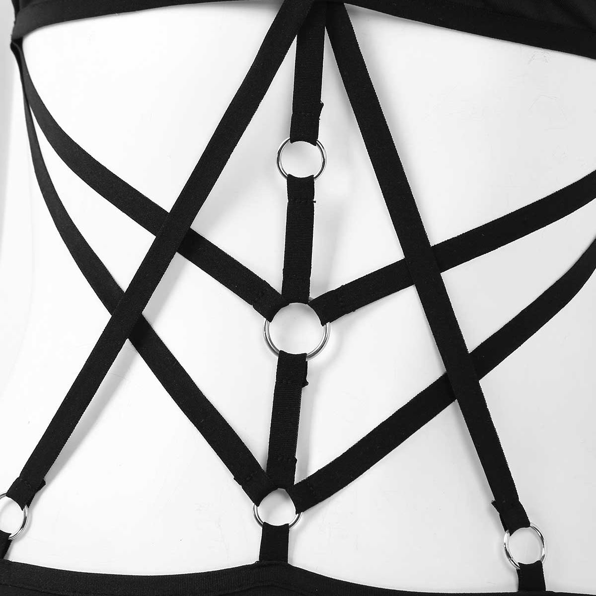 Back view of black monokini showcasing stylish strap design with rings for a sexy look.