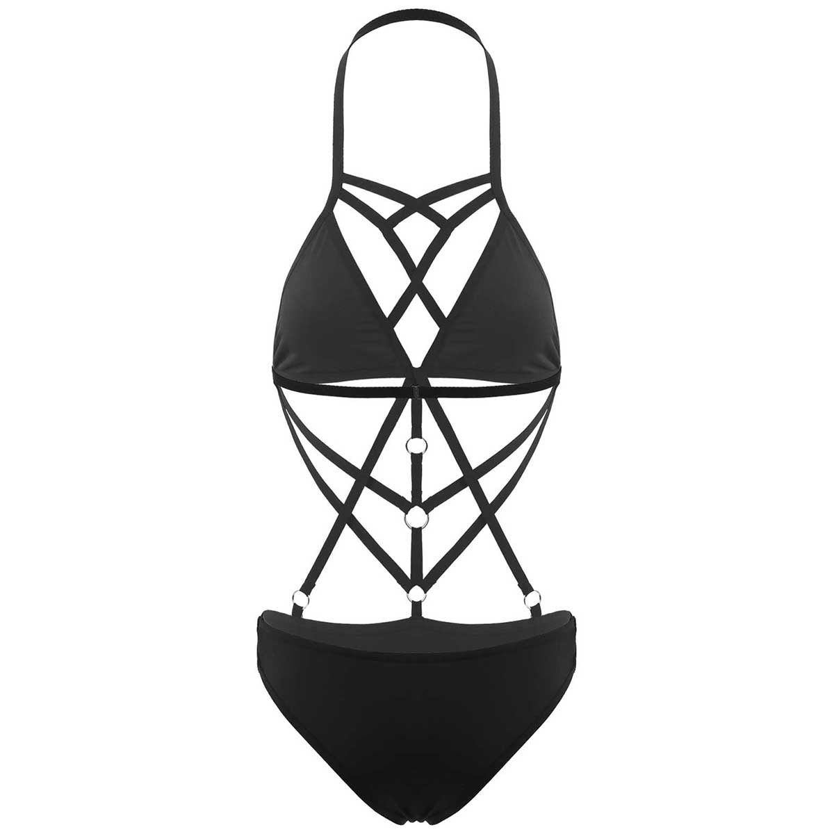 Strappy black one-piece monokini swimsuit perfect for the beach or dazzling pole dance performances.