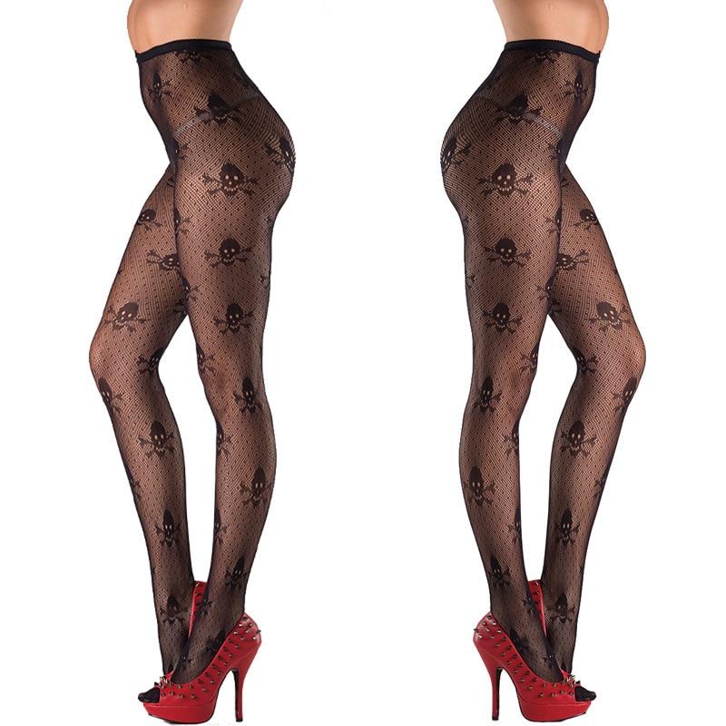 Sultry black skull stockings perfect for gothic outfits, ideal for Halloween, designed for height 155-170cm, adds edge to any look.