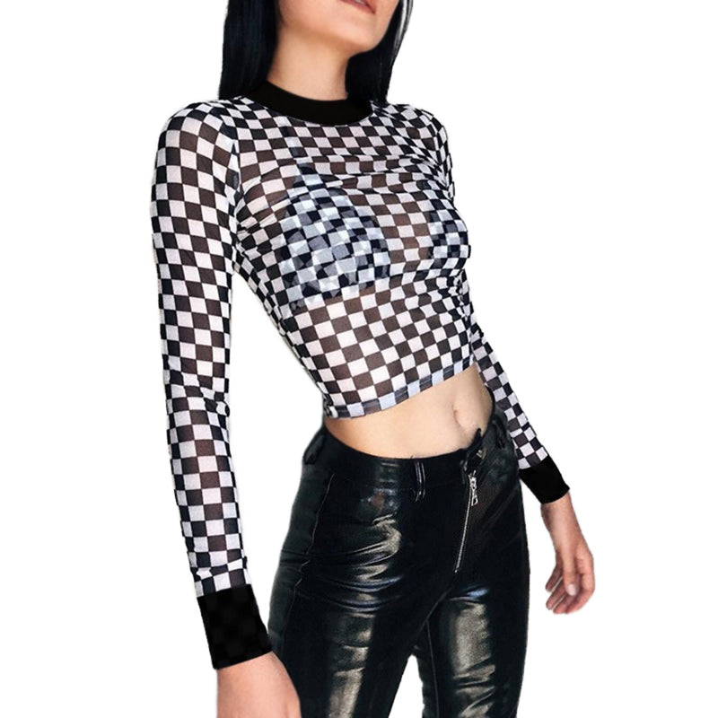 Trendy women's long sleeve plaid mesh top with checkerboard pattern in black and white, perfect for grunge outfits.