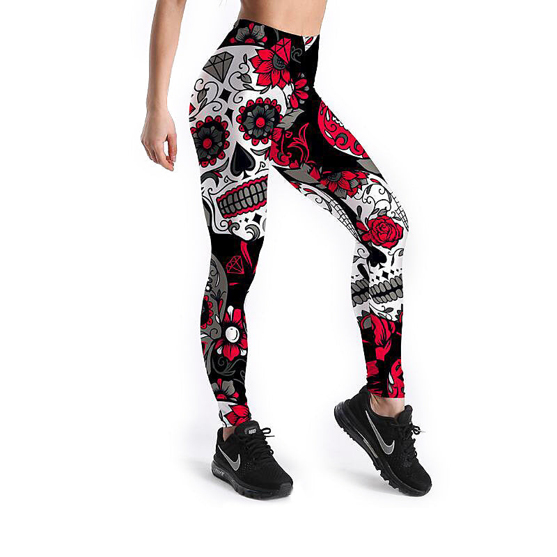 Hot Women's Printed Leggings / Skull&Flower Print Pants / Stretch Trousers - HARD'N'HEAVY