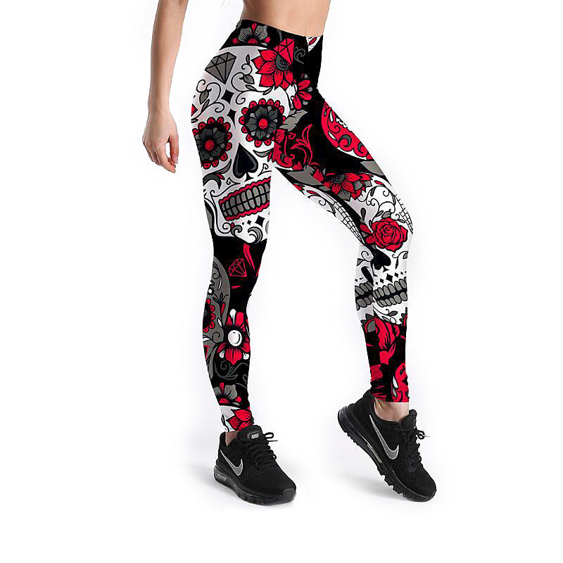 Hot women's skull and flower printed leggings, stylish stretch trousers for workout or goth outfits.