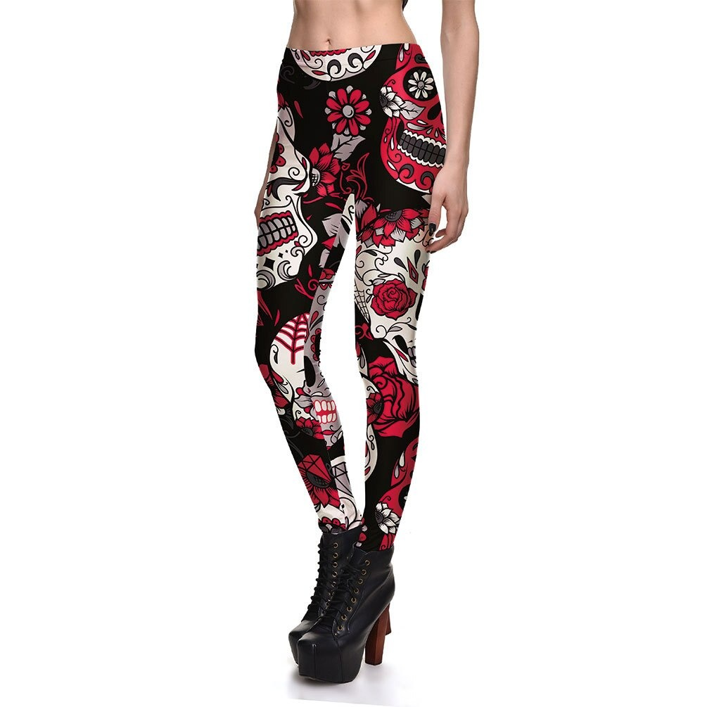 Hot women's skull and flower printed leggings, perfect for workouts or rock-inspired outfits.