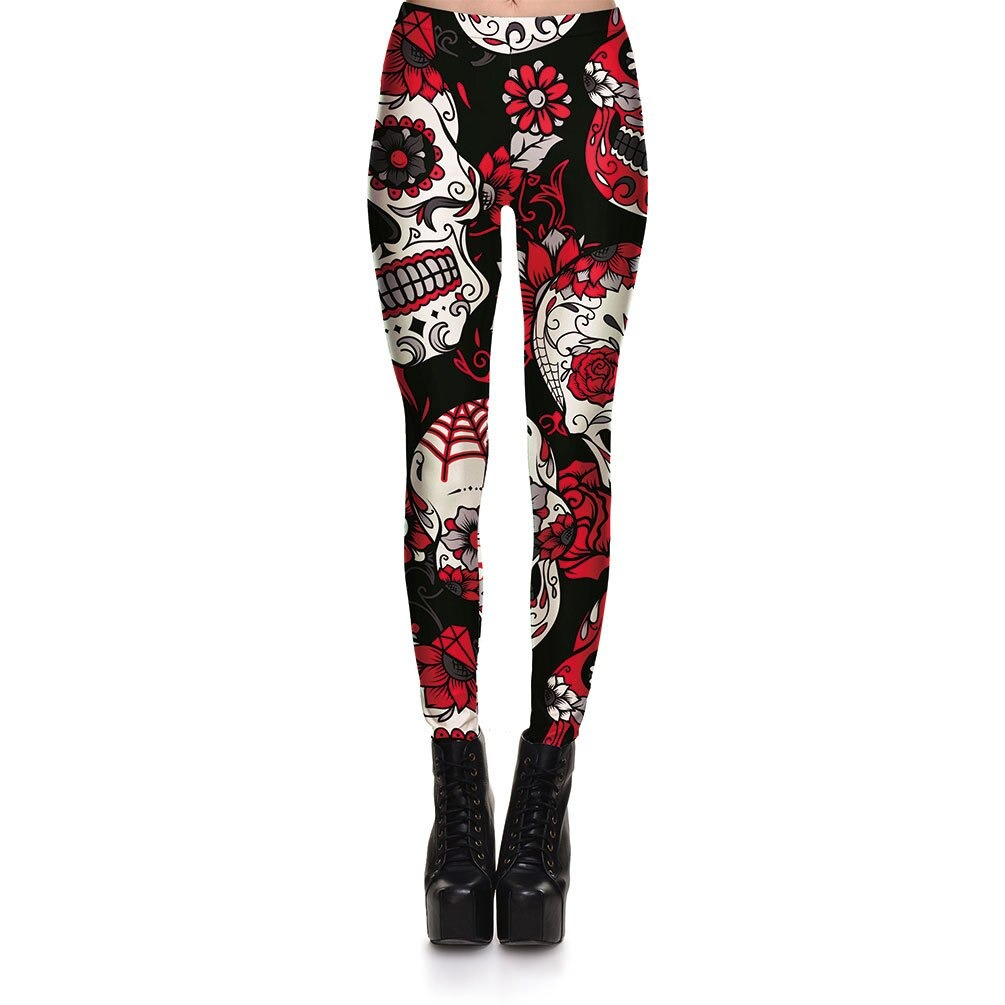 Women's skull and flower printed leggings, rock style stretch trousers, perfect for goth and workout outfits.