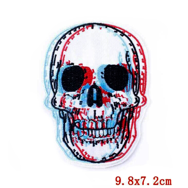 Colorful illusion skull print fusible patch, perfect accessory for jackets and bags, measuring 9.8x7.2cm.
