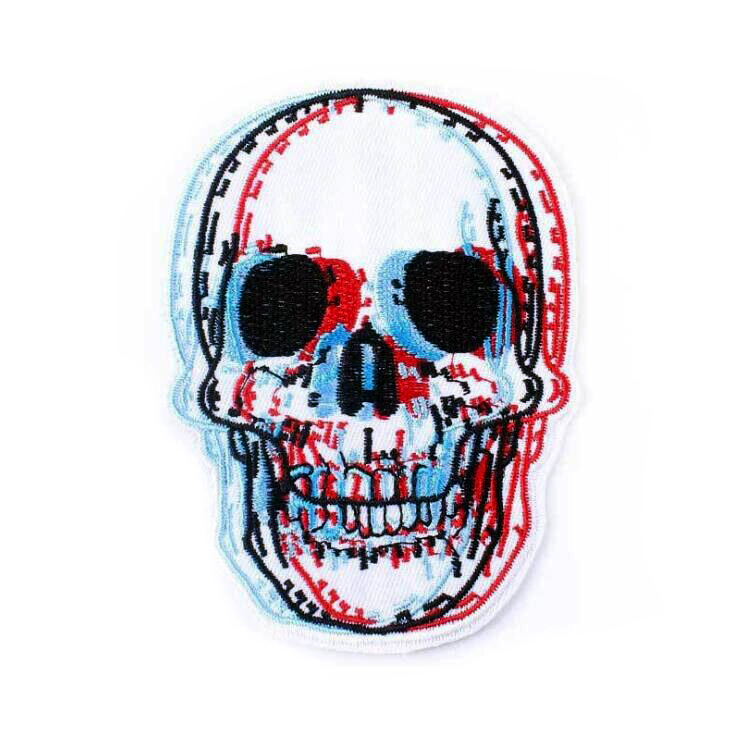 Illusion skull print fusible patch, vibrant rock style accessory for jackets and bags.
