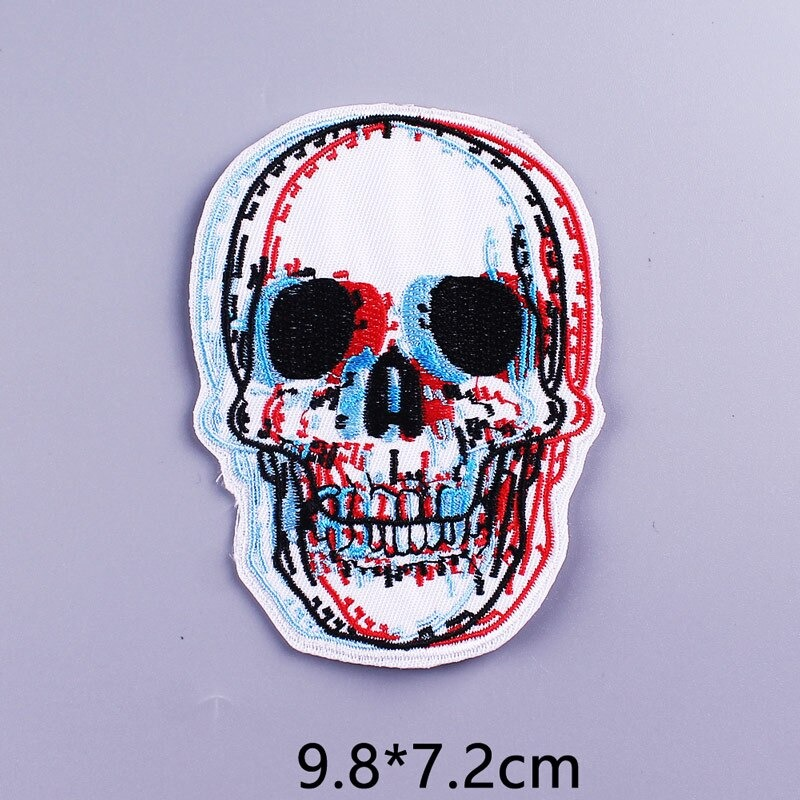 Illusion skull print fusible patch for jackets and bags, featuring a colorful rock-style design, dimensions 9.8x7.2cm.