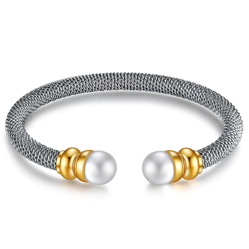Trendy imitation pearl bracelet for women, featuring stainless steel design in gold and silver colors.