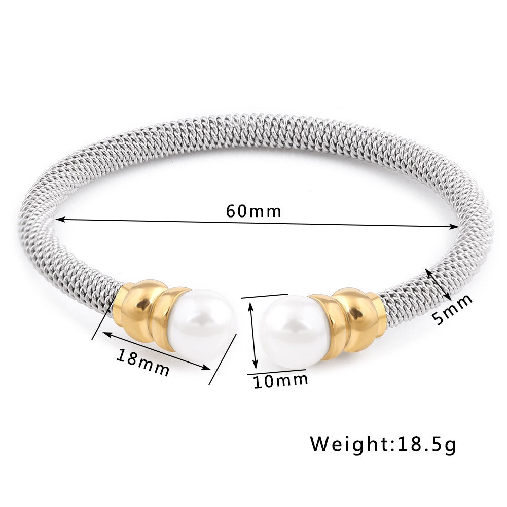 Imitation pearl bracelet for women, luxury stainless steel design in gold and silver, trendy fashion accessory.
