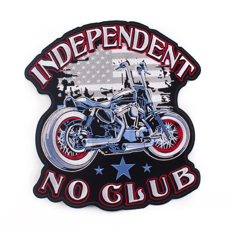 Large independent no club iron-on patch featuring an embroidered motorcycle design.