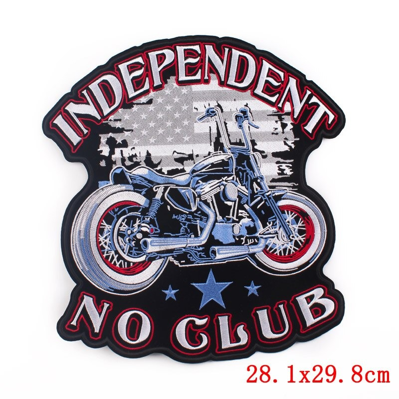 Independent No Club embroidered iron-on patch with motorcycle design, perfect for jackets and bags.