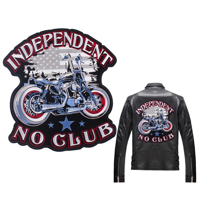 Independent No Club embroidered iron-on patch featuring a motorcycle design, displayed on a stylish black leather jacket.