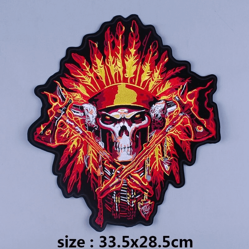 Large embroidered Indian skull and tomahawk iron-on patch for biker jackets, size 33.5x28.5cm.