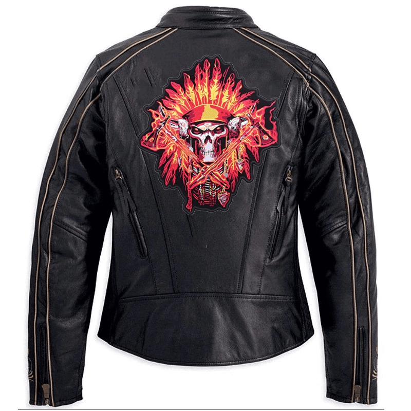 Back view of a leather jacket featuring a vibrant Indian skull and tomahawks embroidered patch.