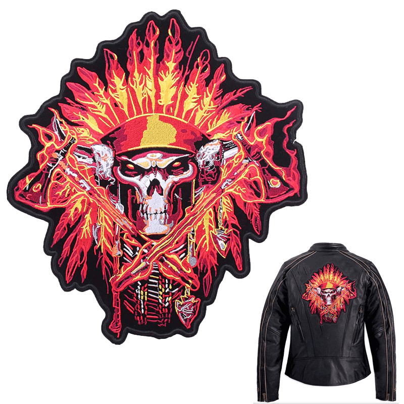 Large Indian Skull and Tomahawks iron-on patch for biker jackets, featuring vibrant colors and unique design for stylish decoration.