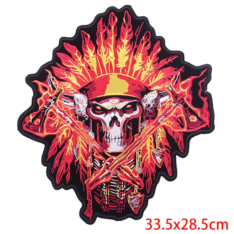 Vibrant Indian skull and tomahawk iron-on patch, perfect for biker jackets and bags, measuring 33.5x28.5cm.