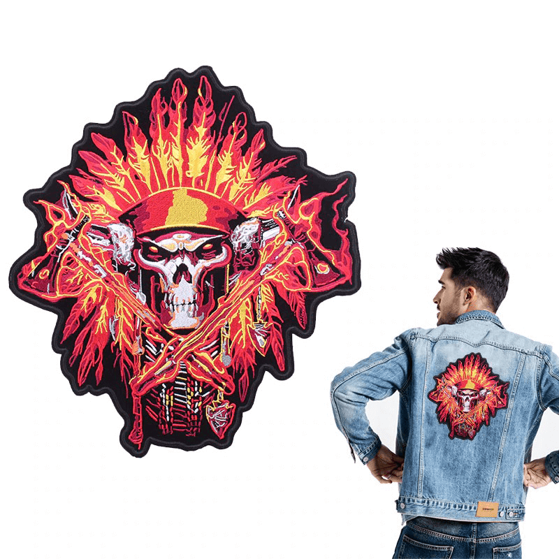 Large Indian Skull and Tomahawks iron-on patch for jackets with vibrant biker style design.