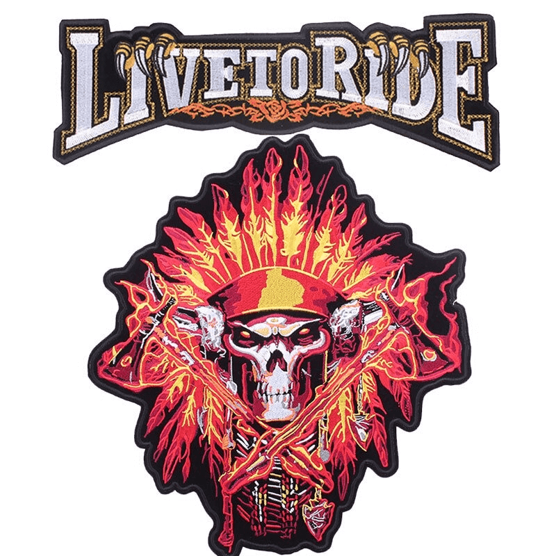 Live to Ride and Indian Skull Iron-On Patches for biker jackets, vibrant embroidered designs for stylish riders.