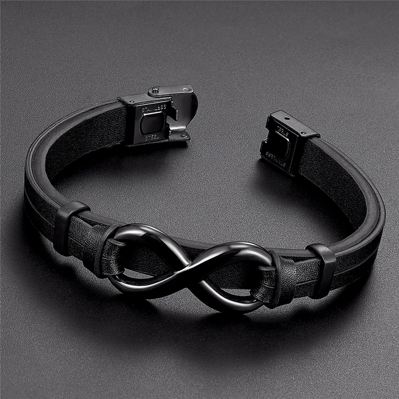 Infinity logo stainless steel leather bracelet in vintage style, perfect for casual outfits and skin-friendly wear.