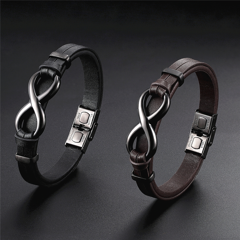 Infinity logo men's bracelet set in black and brown leather with stainless steel buckles, perfect for vintage style outfits.