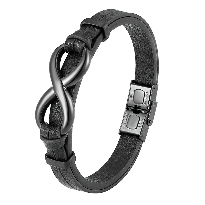 Stylish infinity logo men's bracelet in black leather with stainless steel buckle, perfect for vintage outfits.