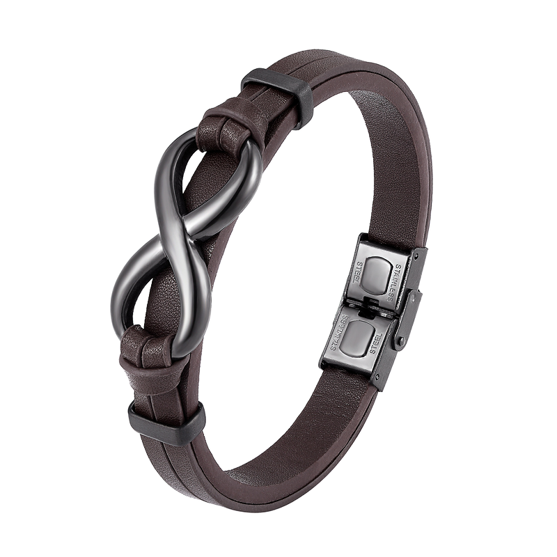 Stylish Infinity Logo Men's Bracelet made from leather and stainless steel, perfect for vintage and alternative outfits.