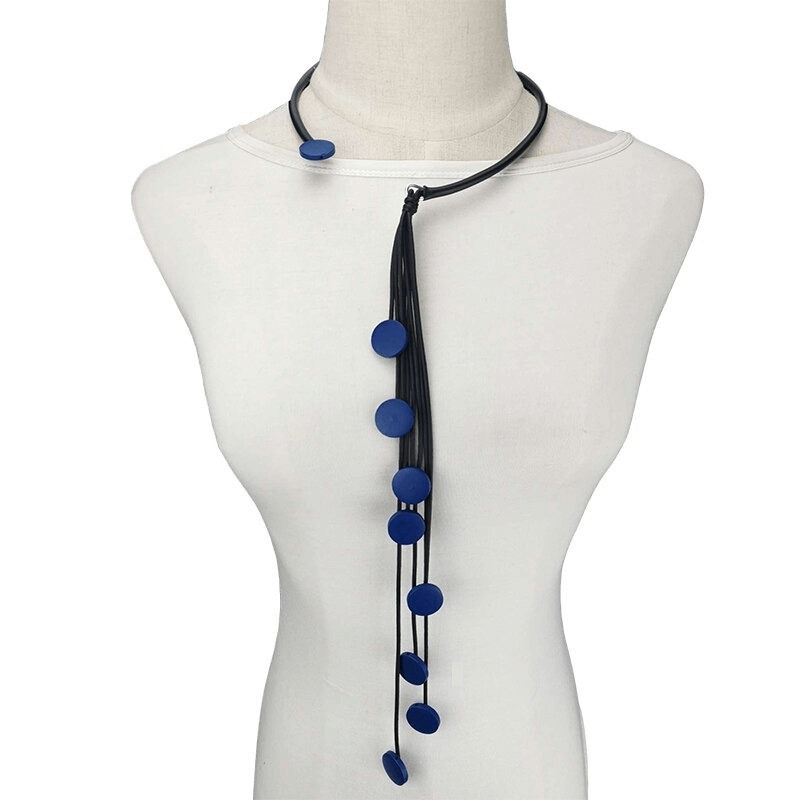 Handmade women's long tassel rubber necklace with blue accents for a stylish accessory choice.