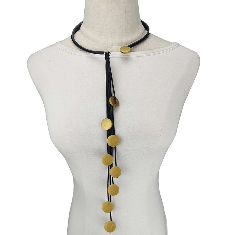 Stylish handmade long tassel rubber necklace with gold accents for women, perfect for any outfit.