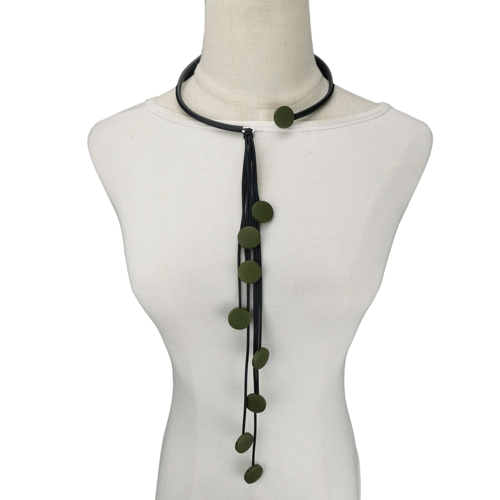 Handmade women's long tassel rubber necklace with green accents, a unique accessory for stylish looks.