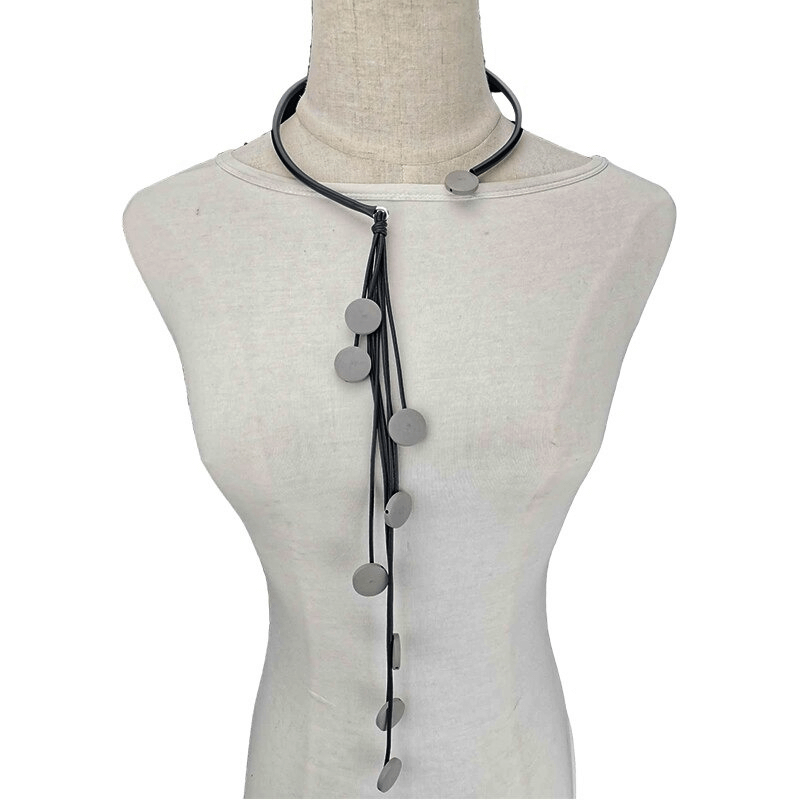 Handmade long tassel rubber necklace with stylish gray pendants, perfect female accessory for any occasion.