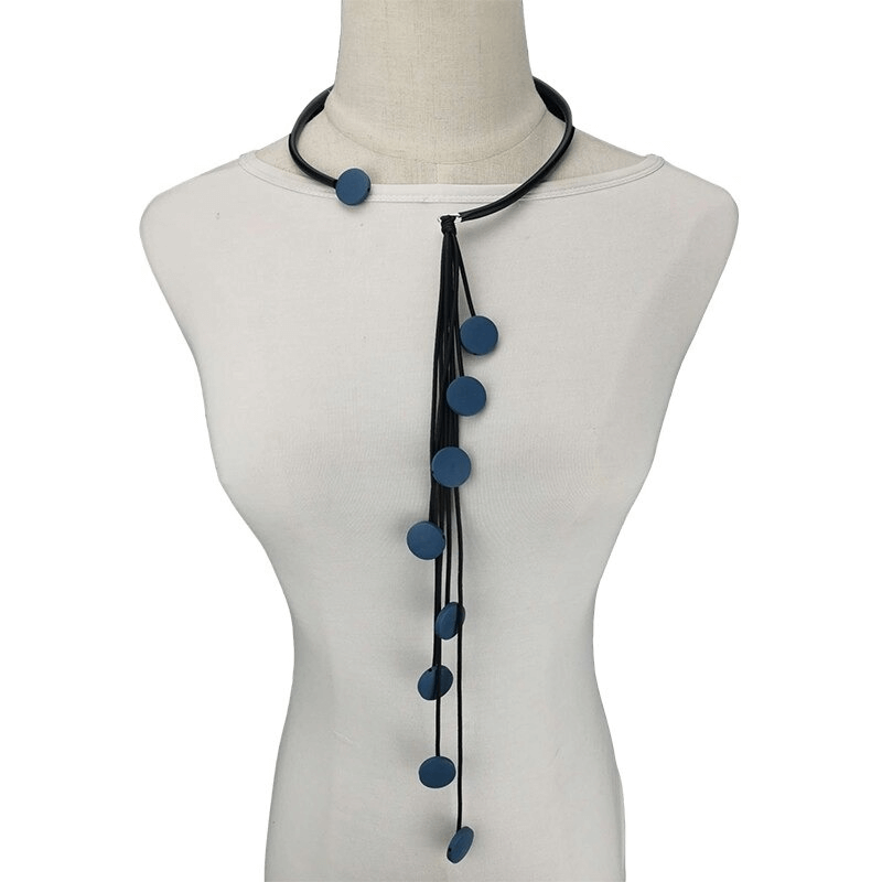 Handmade blue tassel long rubber necklace with unique beads, perfect women's accessory for a stylish look.