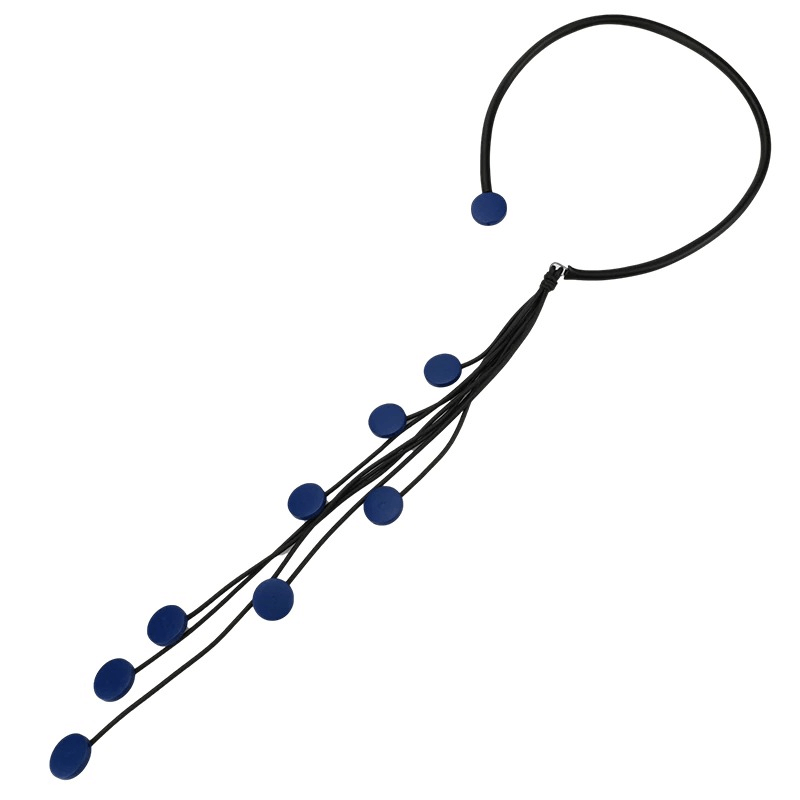Handmade long rubber necklace with blue tassel accents for women, featuring quality materials and unique style.