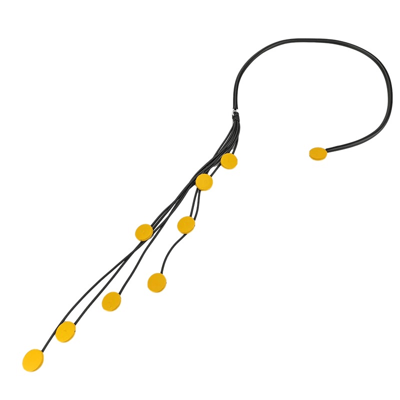 Handmade women's long rubber necklace with yellow tassel accents, perfect for stylish accessories.