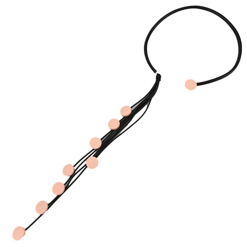 Handmade long rubber necklace with tassel and circular accents, perfect for stylish women's accessories.
