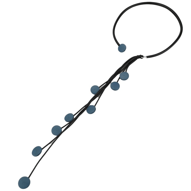 Handmade women's long tassel rubber necklace with blue wooden beads for stylish accessories.