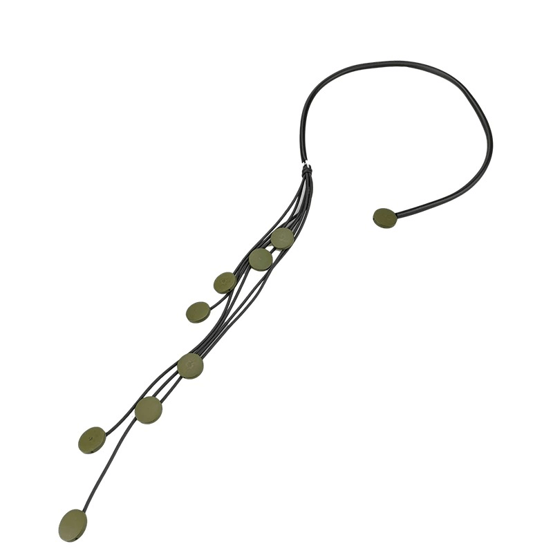 Handmade long tassel rubber necklace with circular wood accents, perfect for stylish women.
