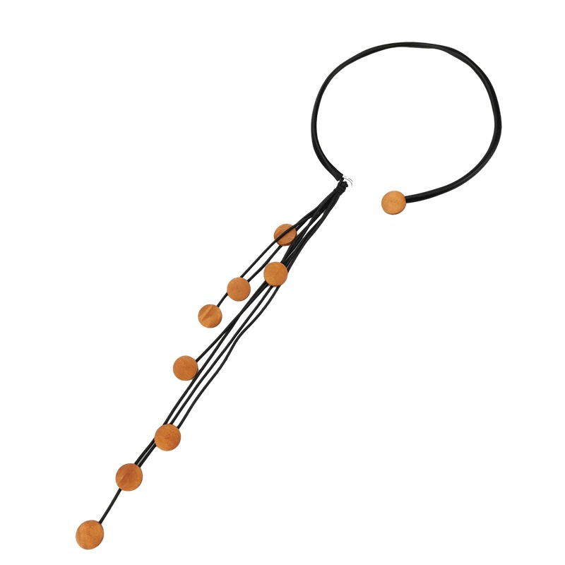 Handmade women's long tassel rubber necklace with wooden beads, unique accessory for stylish outfits.
