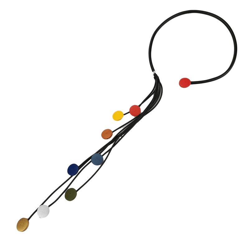 Colorful tassel long rubber necklace, handmade with unique wood accents for women's fashion.