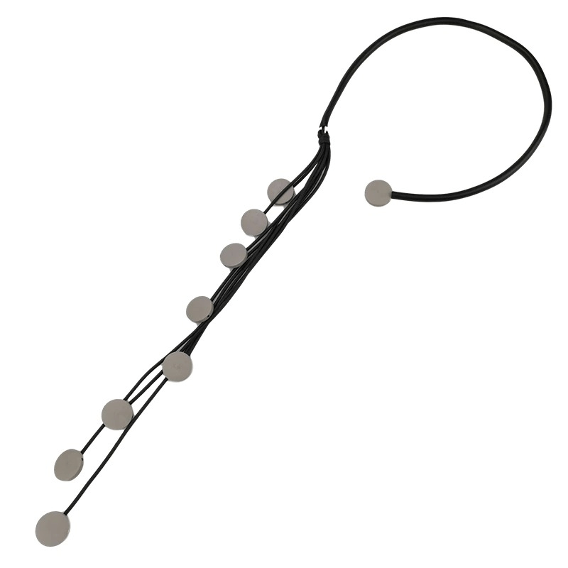 Handmade long tassel rubber necklace with round pendants for women, unique and stylish accessory.