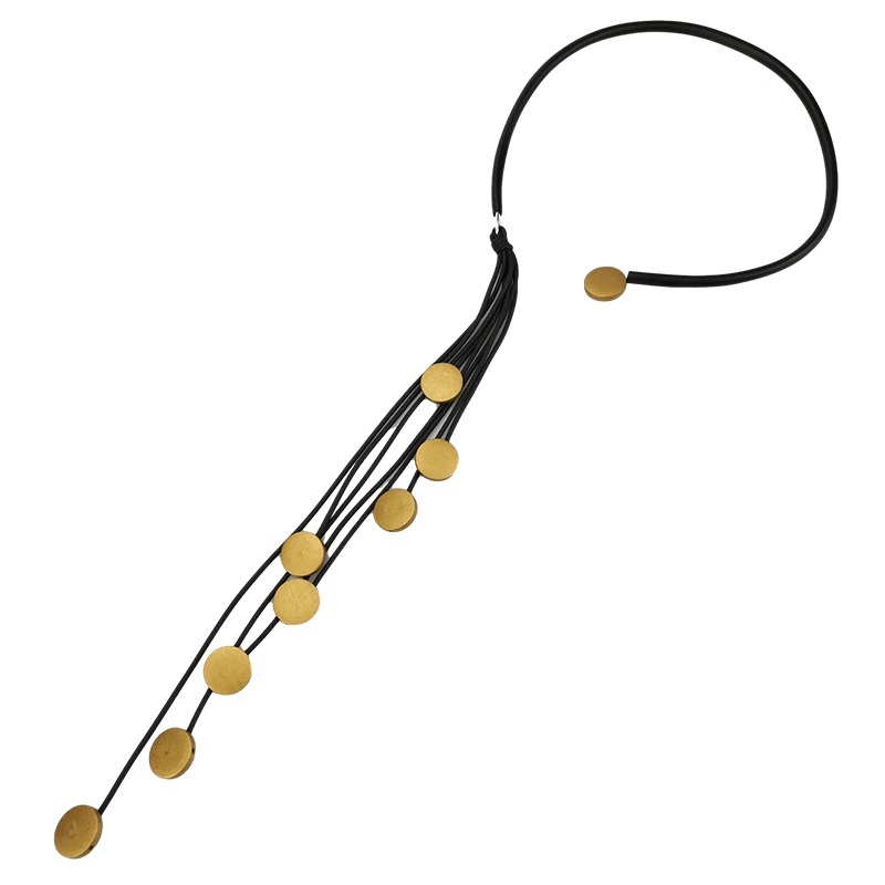 Handmade long tassel rubber necklace with gold accents for women, unique and stylish accessory.