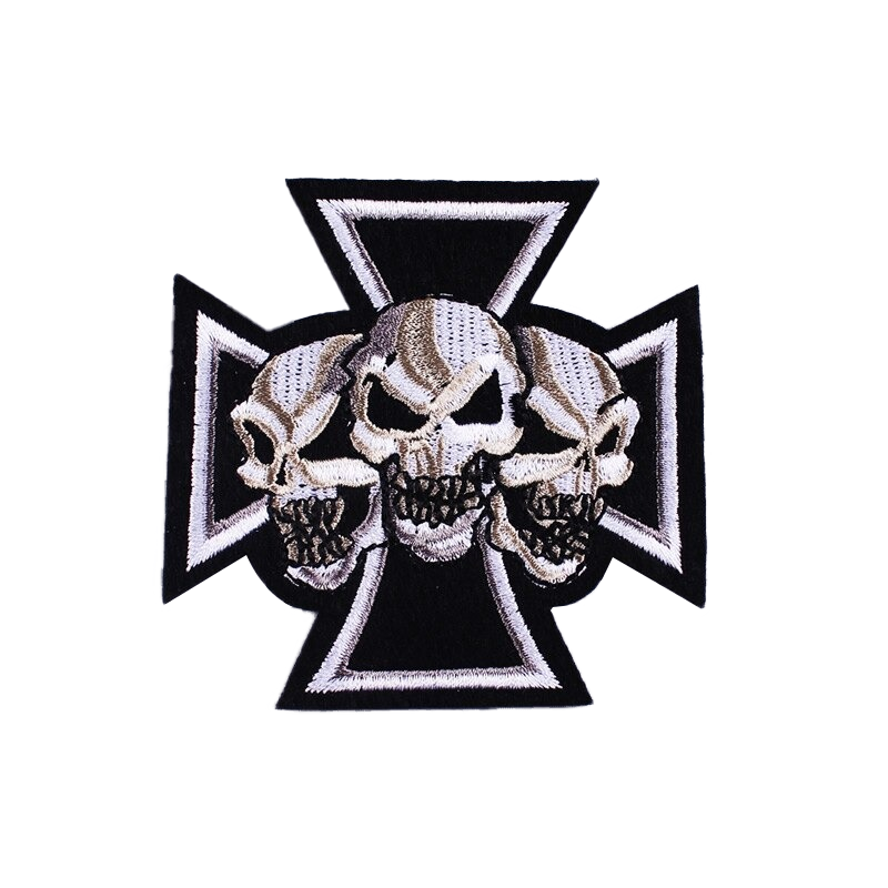 Iron cross fusible patch featuring three skulls, perfect accessory for jackets and bags, rock style embellishment.